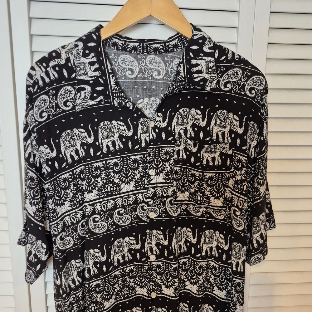 Elephant Print Shirt Button Up‎ Short Sleeve Black White Festival Boho Unisex